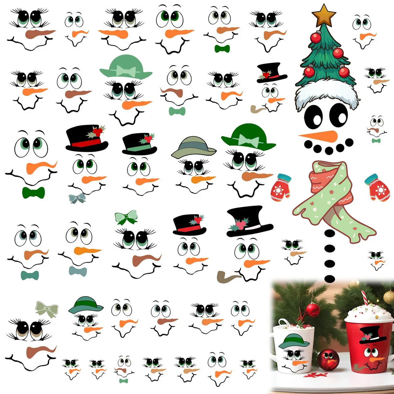 Snowman Face Stickers, 33pcs Christmas Ornaments Decals for Crafts, Reflective Vinyl…
